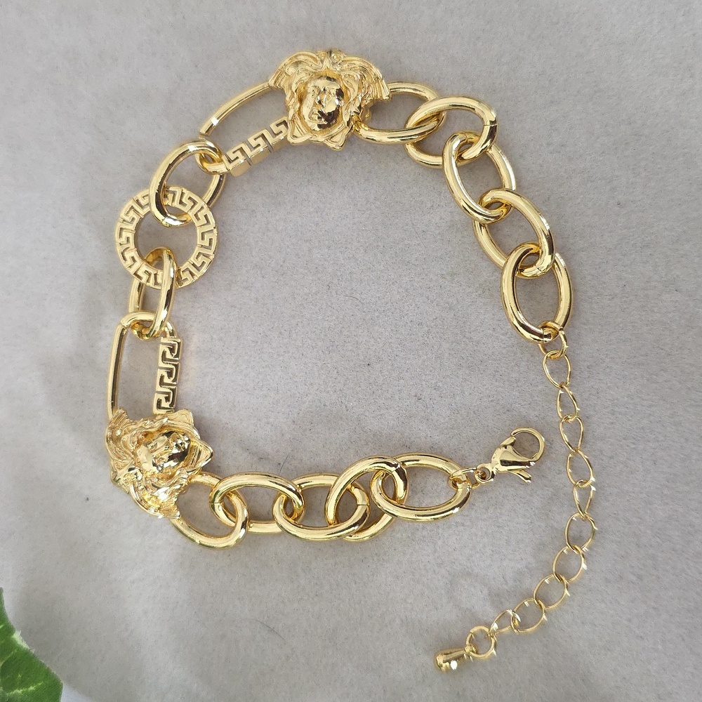 Gold Filled Luxe Bracelet Greek Key And Medusa Head Design
